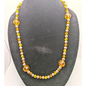 Faceted Glass Bead Necklace Amber Yellow Gray Silver Tone Graduated Statement 26